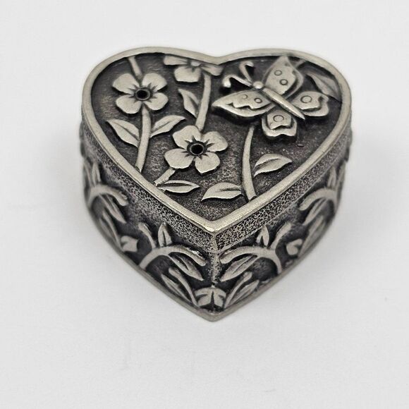 Vintage JJ Jonette Floral Heart Butterfly Brooch Pin Trinket Jewelry Box Pewter - Picture 2 of 13